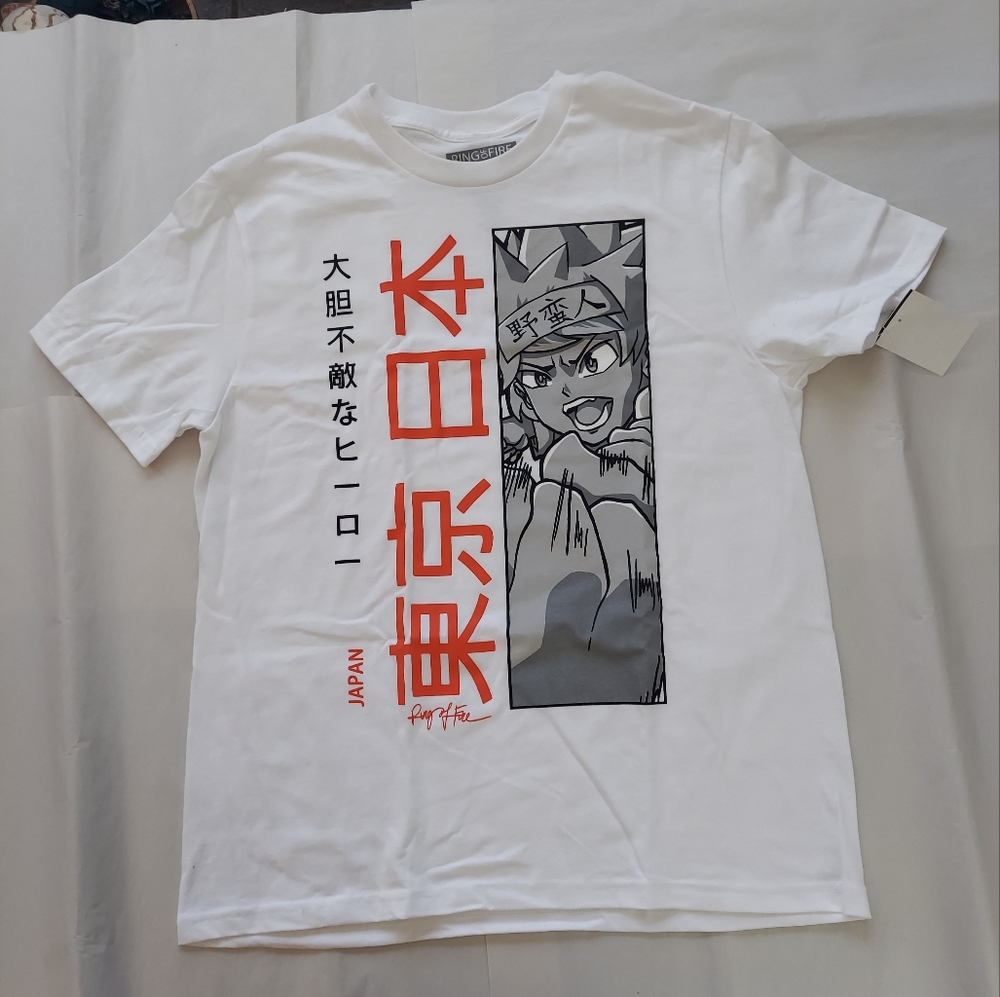 Ring Of Fire Men’s White Red Japanese Graphic Print Tee   Size L New Without Tag